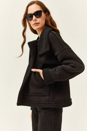 Женская черная плотная куртка с карманами и мехом внутри CKT-19000369