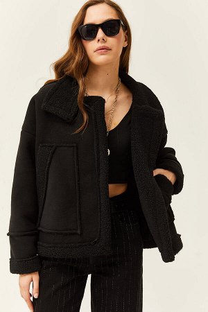 Женская черная плотная куртка с карманами и мехом внутри CKT-19000369