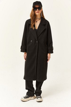 Женское черное длинное пальто оверсайз с карманами на подкладке KBN-19000011