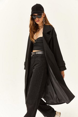 Женское черное длинное пальто оверсайз с карманами на подкладке KBN-19000011