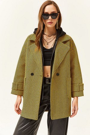 Женское пальто оверсайз с рисунком «елочка» на подкладке масляно-зеленого цвета с карманами и карманами KBN-19000010