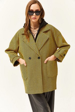 Женское пальто оверсайз с рисунком «елочка» на подкладке масляно-зеленого цвета с карманами и карманами KBN-19000010