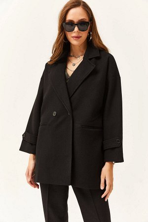 Женское кашемировое пальто оверсайз черного цвета на подкладке с карманами KBN-19000012