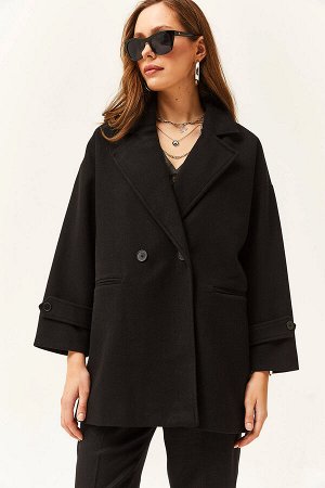 Женское кашемировое пальто оверсайз черного цвета на подкладке с карманами KBN-19000012