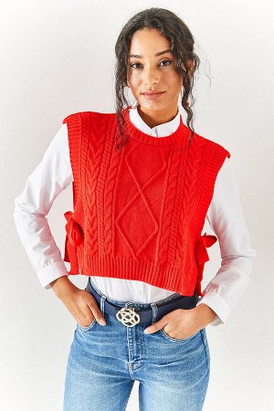 Женский красный трикотажный свитер с завязками SVT-00000017