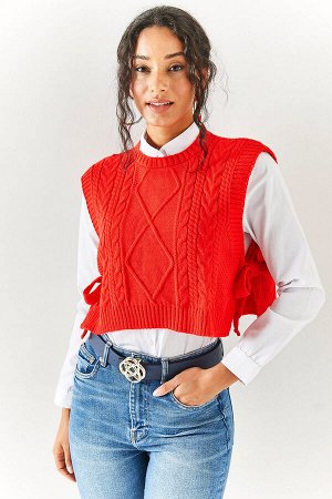 Женский красный трикотажный свитер с завязками SVT-00000017