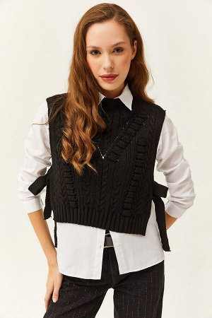 Женский черный текстурированный трикотажный свитер с завязками по бокам SVT-00000027