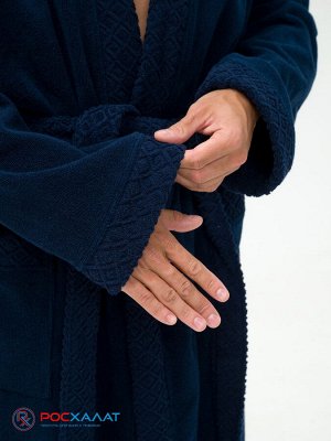 Мужской махровый халат с жаккардовой отделкой, воротник планка темно-синий МЗ-15 (88)