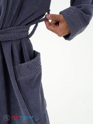 Мужской махровый халат с жаккардовой отделкой, воротник планка серый МЗ-15 (84)