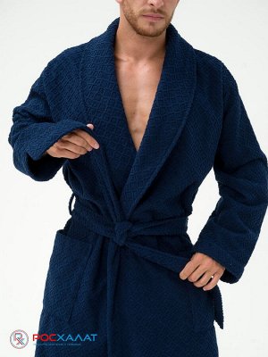 Жаккардовый мужской махровый халат с шалькой темно-синий МЗ-11 (88)