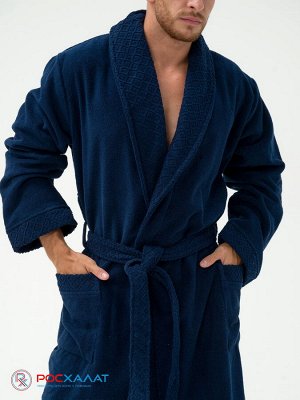 Мужской махровый халат с жаккардовой отделкой, воротник шалька темно-синий МЗ-14 (88)