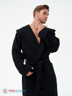 Мужской махровый халат с капюшоном черный МЗ-05 (100)