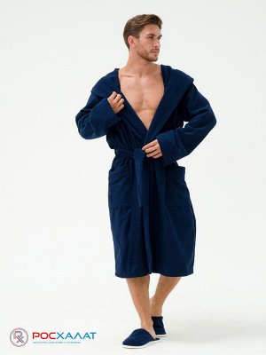 Мужской махровый халат с капюшоном темно-синий МЗ-05 (88)