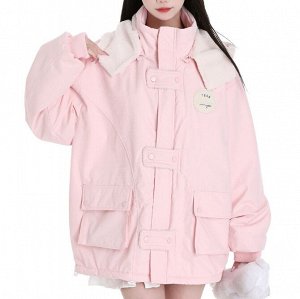 Зимняя куртка с капюшоном и накладными карманами, свободного кроя, розовый