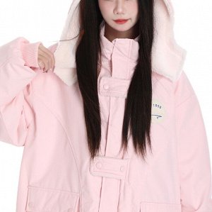 Зимняя куртка с капюшоном и накладными карманами, свободного кроя, розовый