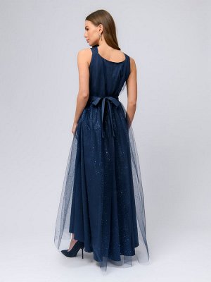 Платье темно-синего цвета на бретелях с мягким фатином