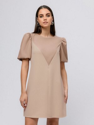 1001 Dress Платье бежевое длины мини с пышными рукавами и кожаной вставкой