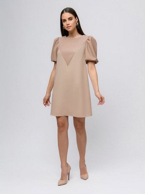 1001 Dress Платье бежевое длины мини с пышными рукавами и кожаной вставкой