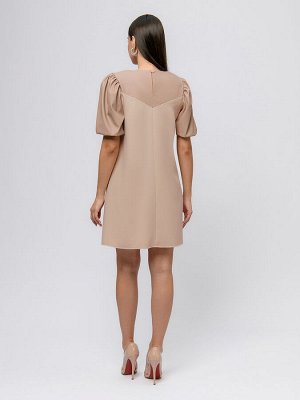 1001 Dress Платье бежевое длины мини с пышными рукавами и кожаной вставкой