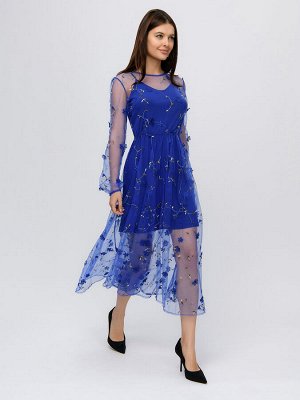 Платье синего цвета длины миди с отделкой из фатина