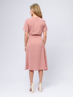 Платье розового цвета в горошек на запах с короткими рукавами