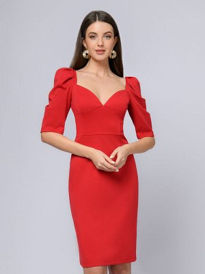 Платье красное с пышными рукавами и глубоким декольте