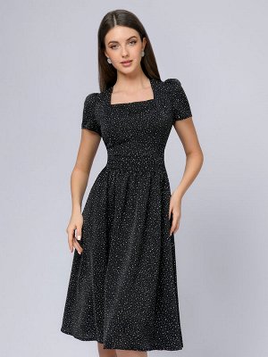 Платье черное в горошек длины миди с короткими рукавами