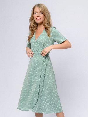 1001 Dress Платье зеленое в горошек на запах с короткими рукавами