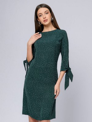 Платье зеленое в горошек длины мини с завязками на рукавах