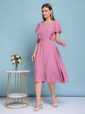 Платье розовое длины миди с V-образным вырезом и воланами на плечах