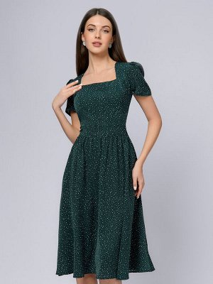 Платье зеленое в горошек длины миди с короткими рукавами