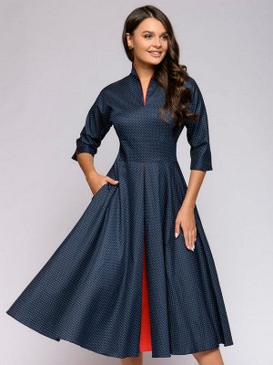Платье темно-синее в горошек длины миди с красной вставкой