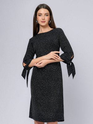 Платье черного цвета в горошек длины мини с завязками на рукавах