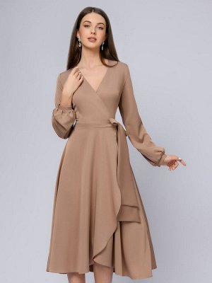 1001 Dress Платье бежевое длины миди с запахом и длинными рукавами