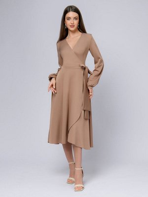 1001 Dress Платье бежевое длины миди с запахом и длинными рукавами
