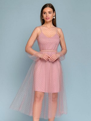 Платье розовое длины миди с отделкой из фатина