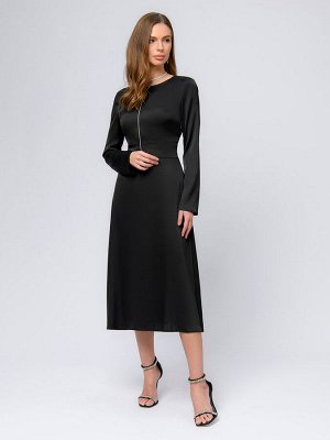Платье черного цвета длины миди с длинными рукавами и цепочками на спине