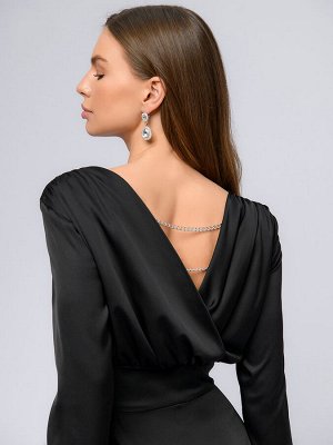 Платье черного цвета длины миди с длинными рукавами и цепочками на спине