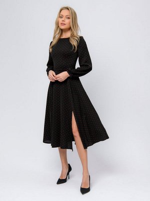 Платье черное в горошек длины миди с пышными рукавами