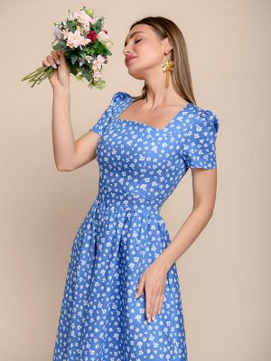 Платье голубого цвета с цветочным принтом длины миди в стиле ретро