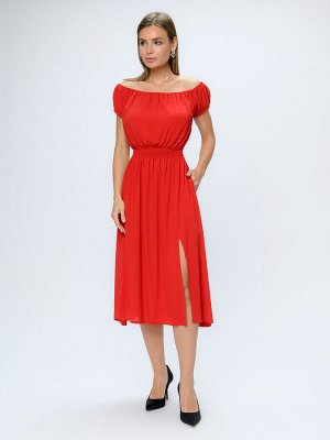 Платье красное длины миди с открытыми плечами и разрезом на юбке
