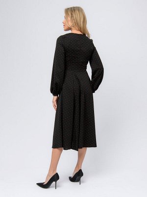 Платье черное в горошек длины миди с пышными рукавами