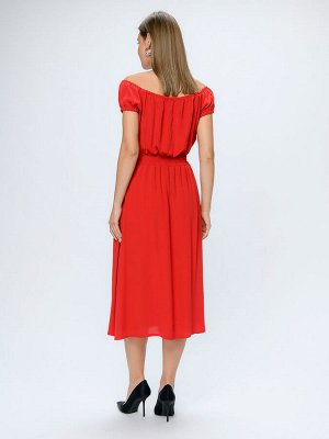 Платье красное длины миди с открытыми плечами и разрезом на юбке