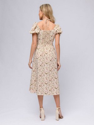 1001 Dress Платье бежевого цвета с принтом длины миди со сборкой на лифе и короткими рукавами