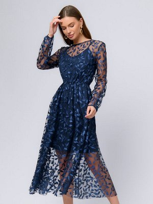 Платье синего цвета длины миди с отделкой из фатина