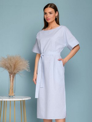Платье длины миди белое в голубую полоску с короткими рукавами