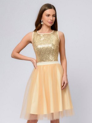 Платье золотое длины миди с пайетками и фатиновой юбкой