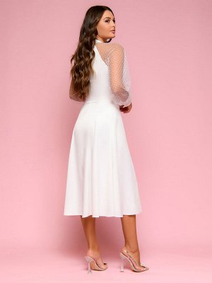Платье белое длины миди с объемными рукавами и воротником-стойкой