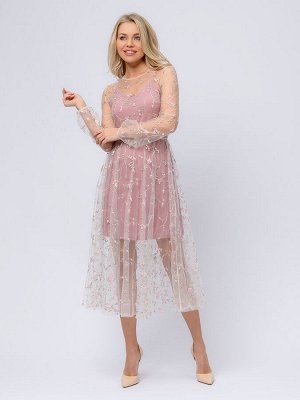 Платье розового цвета длины миди с отделкой из фатина
