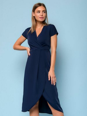 1001 Dress Платье темно-синее длины миди с запахом и короткими рукавами